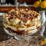 ['Trifle de castañas y vainilla en primer plano, mostrando capas de ingredientes.', 'Vista lateral de un trifle con castañas y crema, decorado con chocolate.', 'Close up de un trifle de castañas y vainilla, con texturas visibles.', 'Detalle de un trifle de castañas y vainilla, con capas de galletas y crema.']