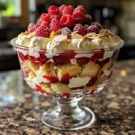 ['Trifle inglés tradicional con capas de pastel, frambuesas y crema.', 'Primer plano de un trifle tradicional con frutas y crema.', 'Vista lateral de un trifle inglés decorado con frambuesas frescas.', 'Postre inglés en capas con pastel, mermelada y almendras.']