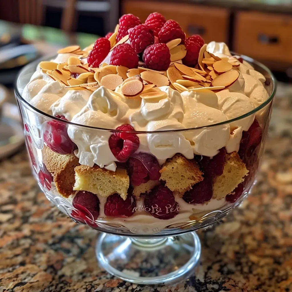 Trifle inglés tradicional con capas de pastel, frambuesas y crema.