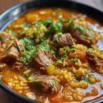 ['Arroz caldoso con costilla de cerdo y coliflor en un plato.', 'Primer plano de arroz caldoso con costilla de cerdo.', 'Tazón de arroz caldoso con costillas y coliflor.', 'Delicioso arroz caldoso servido en un plato hondo.']