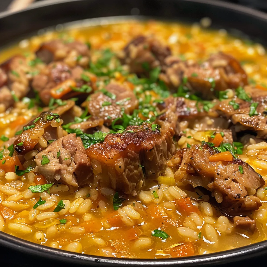 ['Arroz caldoso con costilla de cerdo y coliflor en un plato.', 'Primer plano de arroz caldoso con costilla de cerdo.', 'Tazón de arroz caldoso con costillas y coliflor.', 'Delicioso arroz caldoso servido en un plato hondo.']