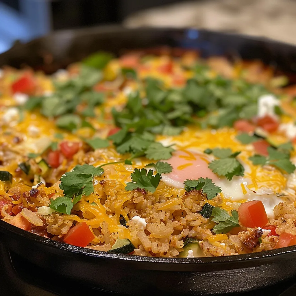 ['Cazuela de huevo y coliflor Tex Mex con vegetales y queso.', 'Primer plano de una cazuela de huevo y coliflor al estilo Tex-Mex.', 'Cazuela Tex-Mex de coliflor, huevo y queso derretido.', 'Vista lateral de una deliciosa cazuela de coliflor Tex-Mex.']