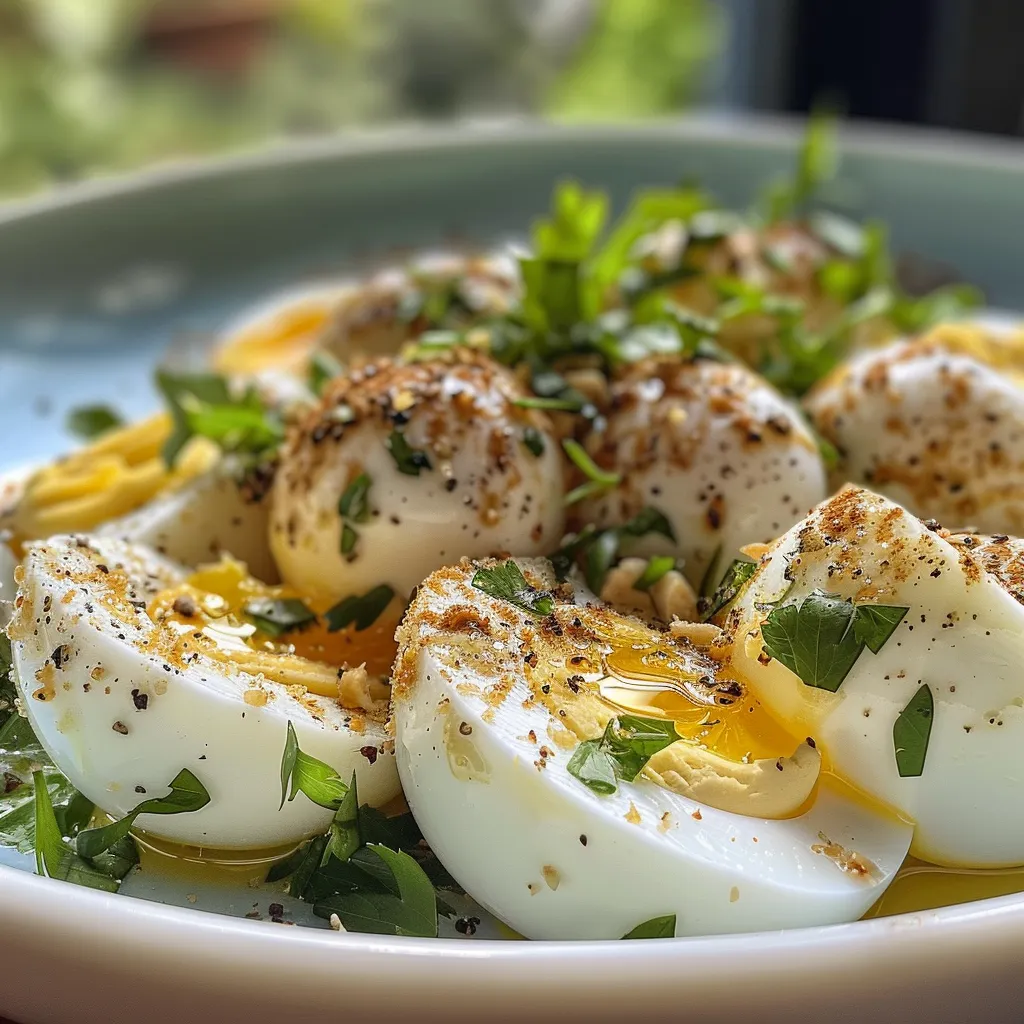 ['Ensalada de huevo con jengibre en un plato blanco.', 'Vista lateral de una ensalada de huevo con aderezo de jengibre.', 'Primer plano de una ensalada de huevo fresca y colorida.', 'Ensalada de huevo decorada con jengibre rallado.']
