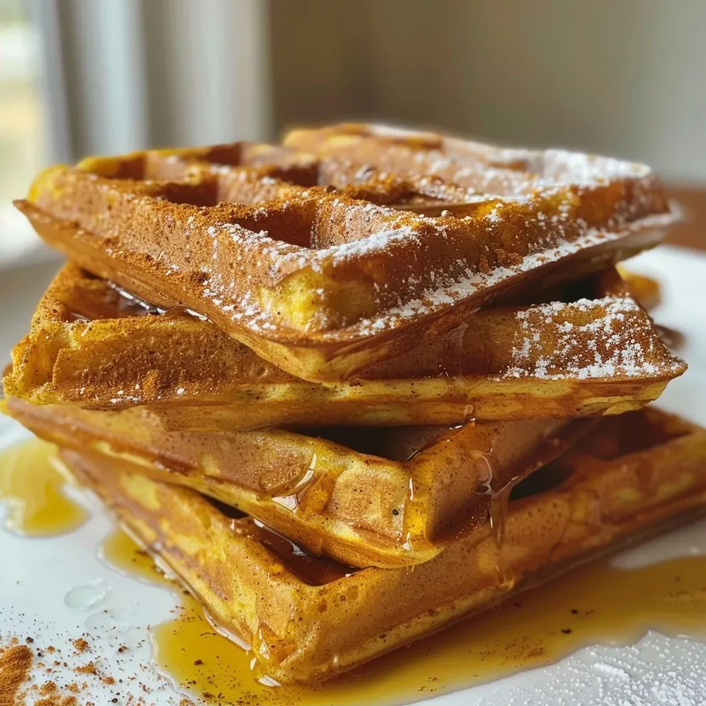 ['Waffles de calabaza crujientes y dorados, servidos en un plato.', 'Primer plano de waffles de calabaza con un dorado apetitoso.', 'Waffles de calabaza, esponjosos y servidos con un toque de canela.', 'Deliciosos waffles de calabaza en un plato, listos para disfrutar.']