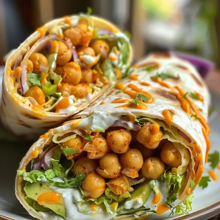 ['Wraps de garbanzos buffalo con ingredientes frescos, en un plato.', 'Close-up de wraps de garbanzos en un fondo neutro.', 'Vista lateral de un wrap de garbanzos buffalo, mostrando su relleno colorido.', 'Presentación de wraps de garbanzos buffalo sobre una superficie de madera.']