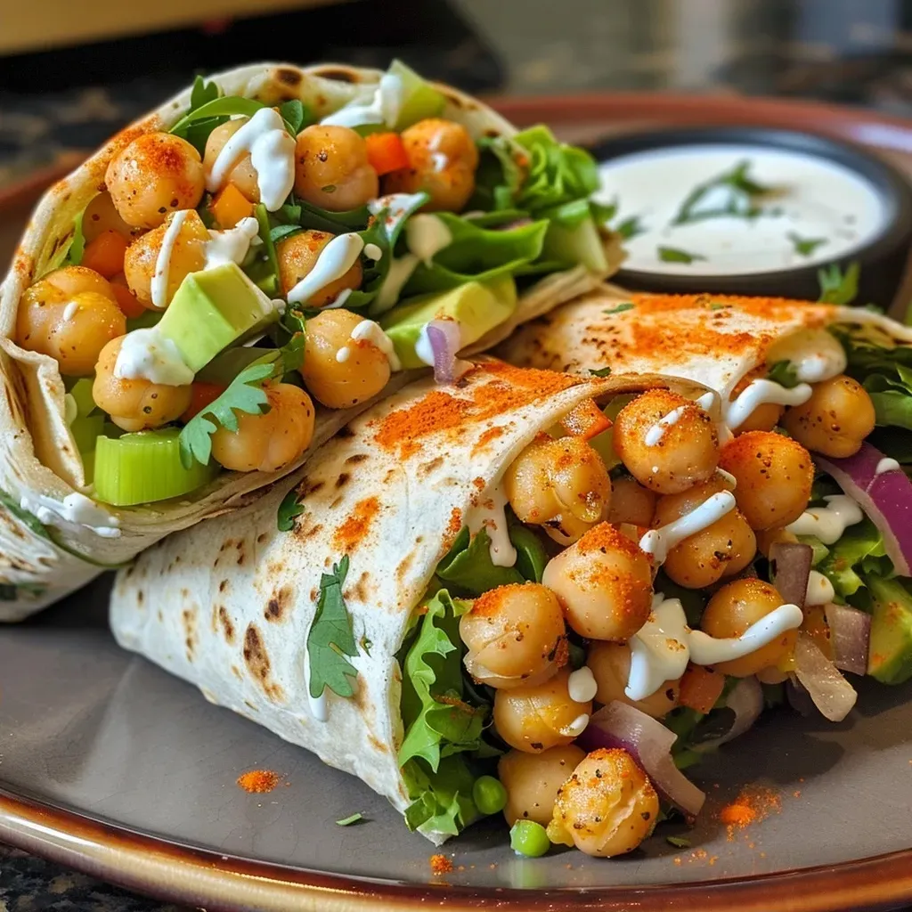 Wraps de garbanzos buffalo con ingredientes frescos, en un plato.