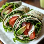 ['Wraps de pavo y espinacas bajos en calorías, vista lateral.', 'Envuelto de pavo con espinacas y ingredientes frescos.', 'Presentación de wraps de pavo y espinacas en un plato.', 'Close-up de un wrap de pavo y espinacas, mostrando sus ingredientes.']