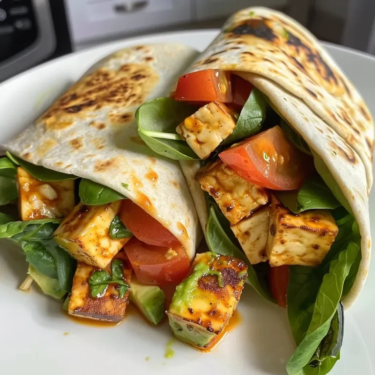 ['Wraps veganos con tofu balsámico y hummus en primer plano.', 'Vista lateral de wraps vegetarianos rellenos de tofu y verduras frescas.', 'Deliciosos wraps veganos con ingredientes frescos y coloridos.', 'Tofu balsámico y hummus en wraps vegetales en fotografía cercana.']