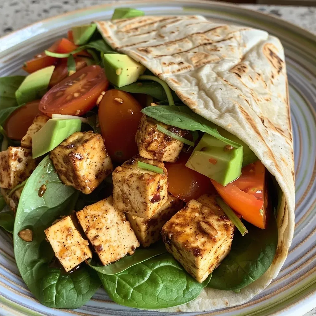 Wraps veganos con tofu balsámico y hummus en primer plano.