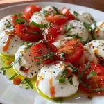 Aperitivo espeluznante con forma de ojo, compuesto por bolas de mozzarella y tomates cherry.
