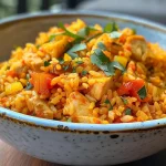 Plato de Arroz a la mostaza servido en un cuenco.