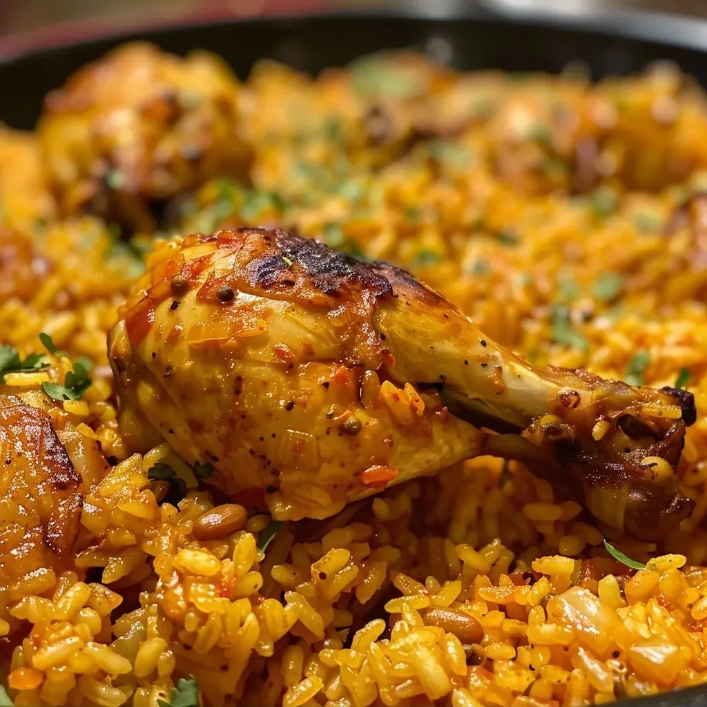 Primer plano de Arroz a la mostaza con ingredientes visibles.