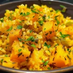 Tazón de arroz con calabaza, mostrando los ingredientes frescos y coloridos.