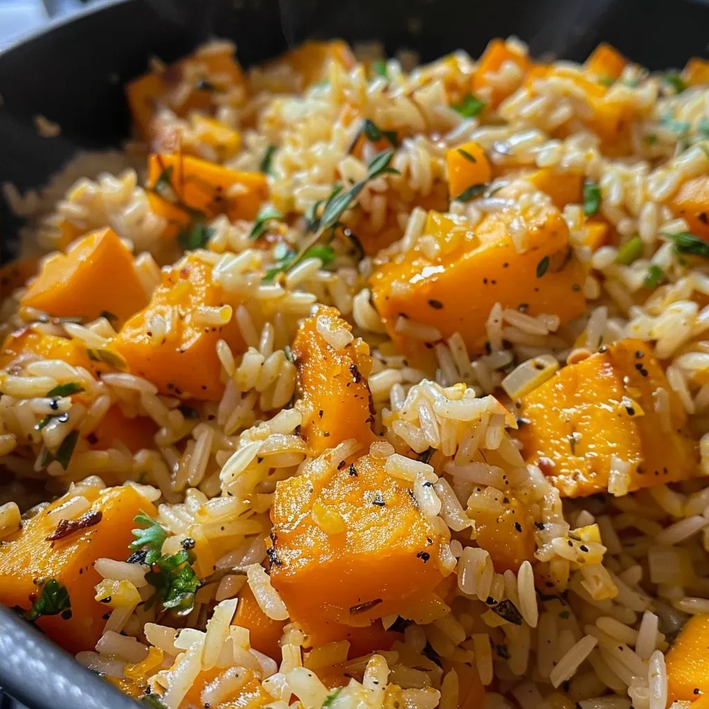 Vista lateral de un plato de arroz con calabaza, destacando su textura y colores vibrantes.
