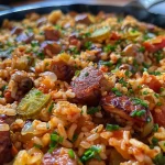 Arroz con salchicha servido en un plato, mostrando su textura jugosa.