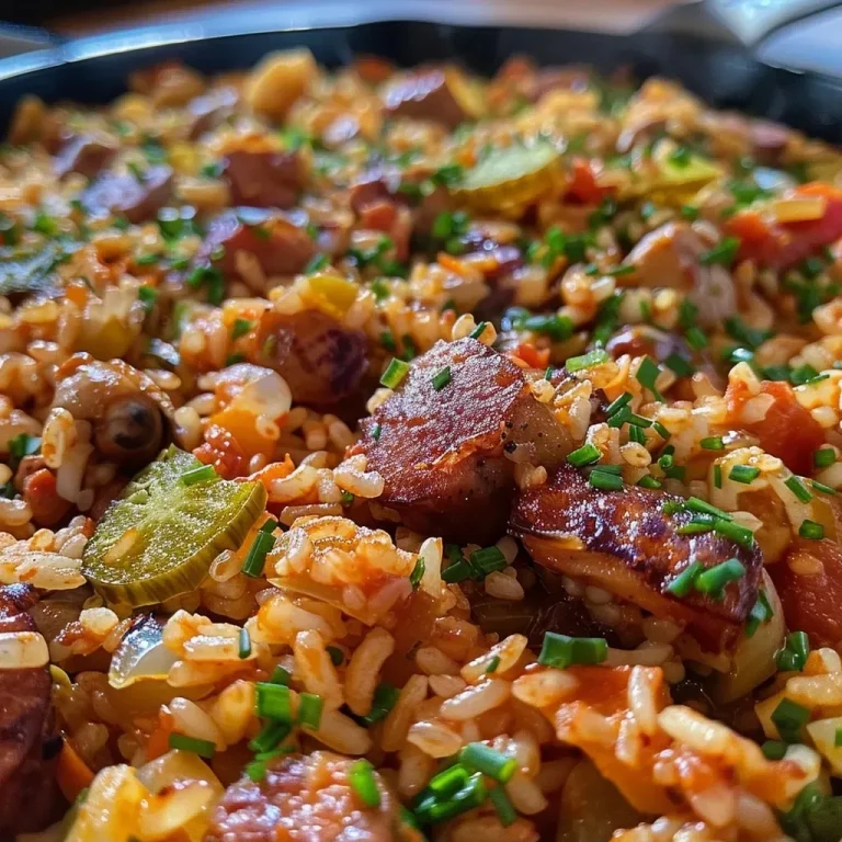 Arroz con salchicha servido en un plato, mostrando su textura jugosa.