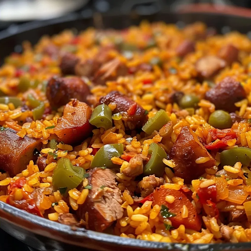 Primer plano de un plato de arroz con salchicha, destacando los ingredientes frescos.