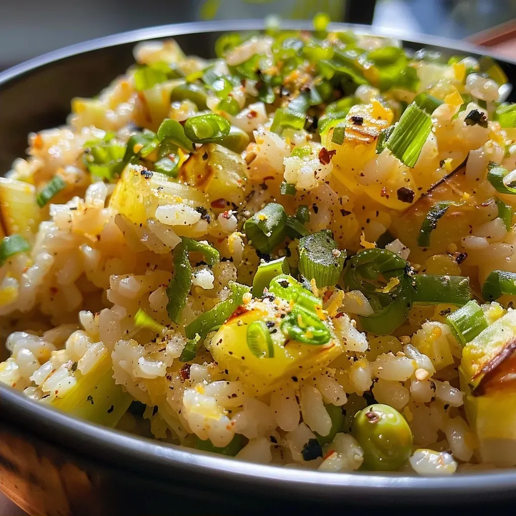 Primer plano de un plato de arroz de coliflor.