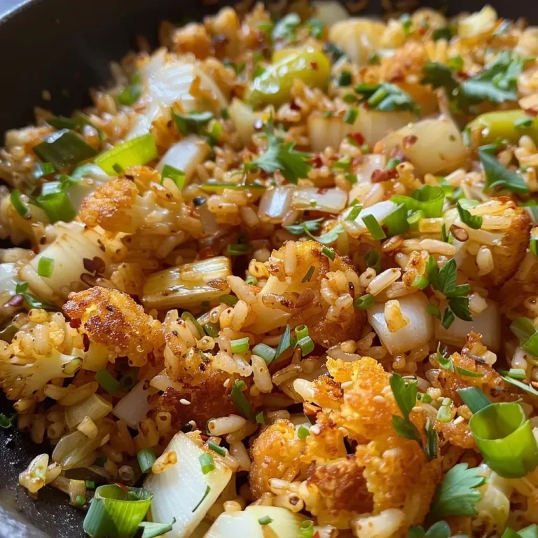 Arroz frito de coliflor vegano en un plato colorido.