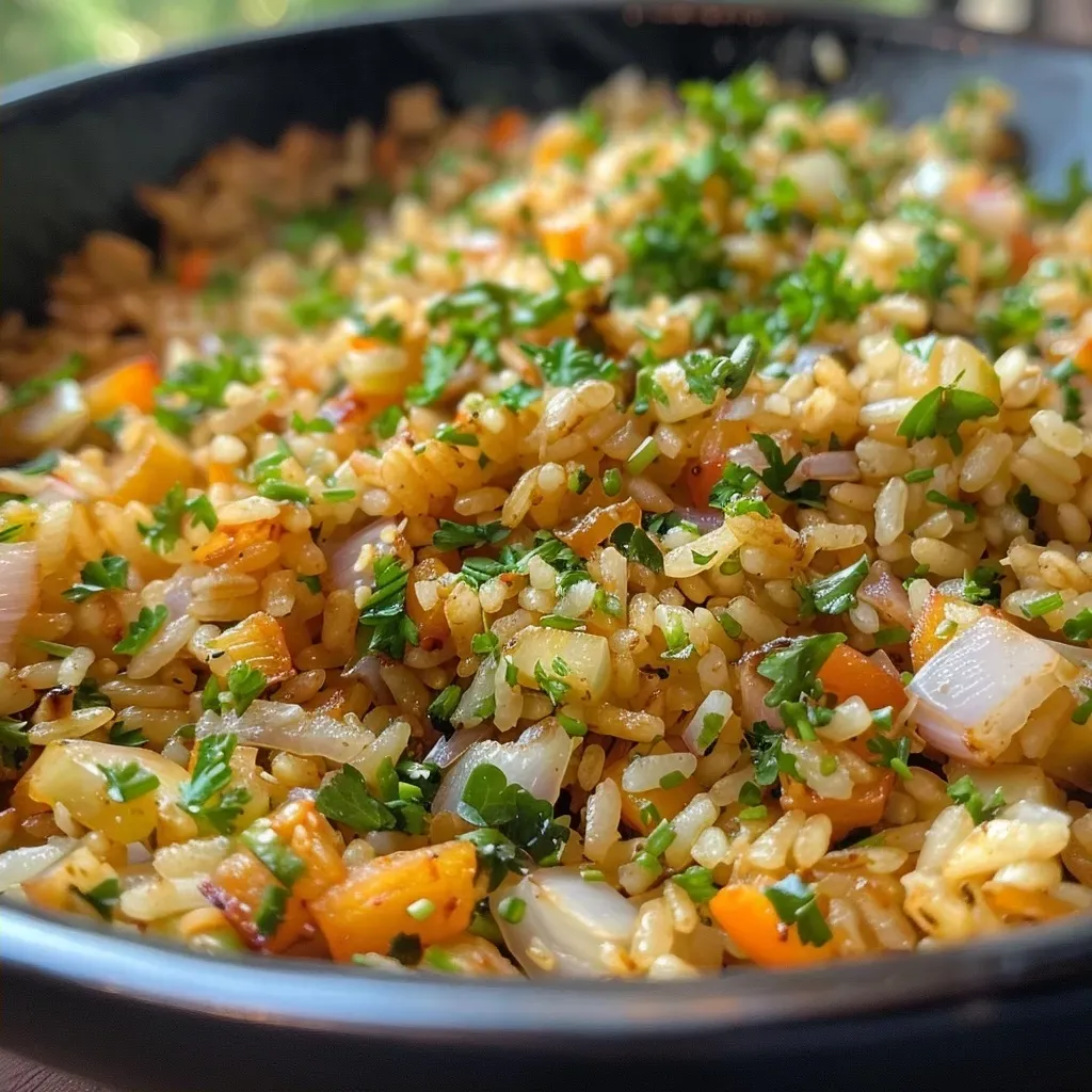 Primer plano de arroz frito de coliflor con vegetales frescos.
