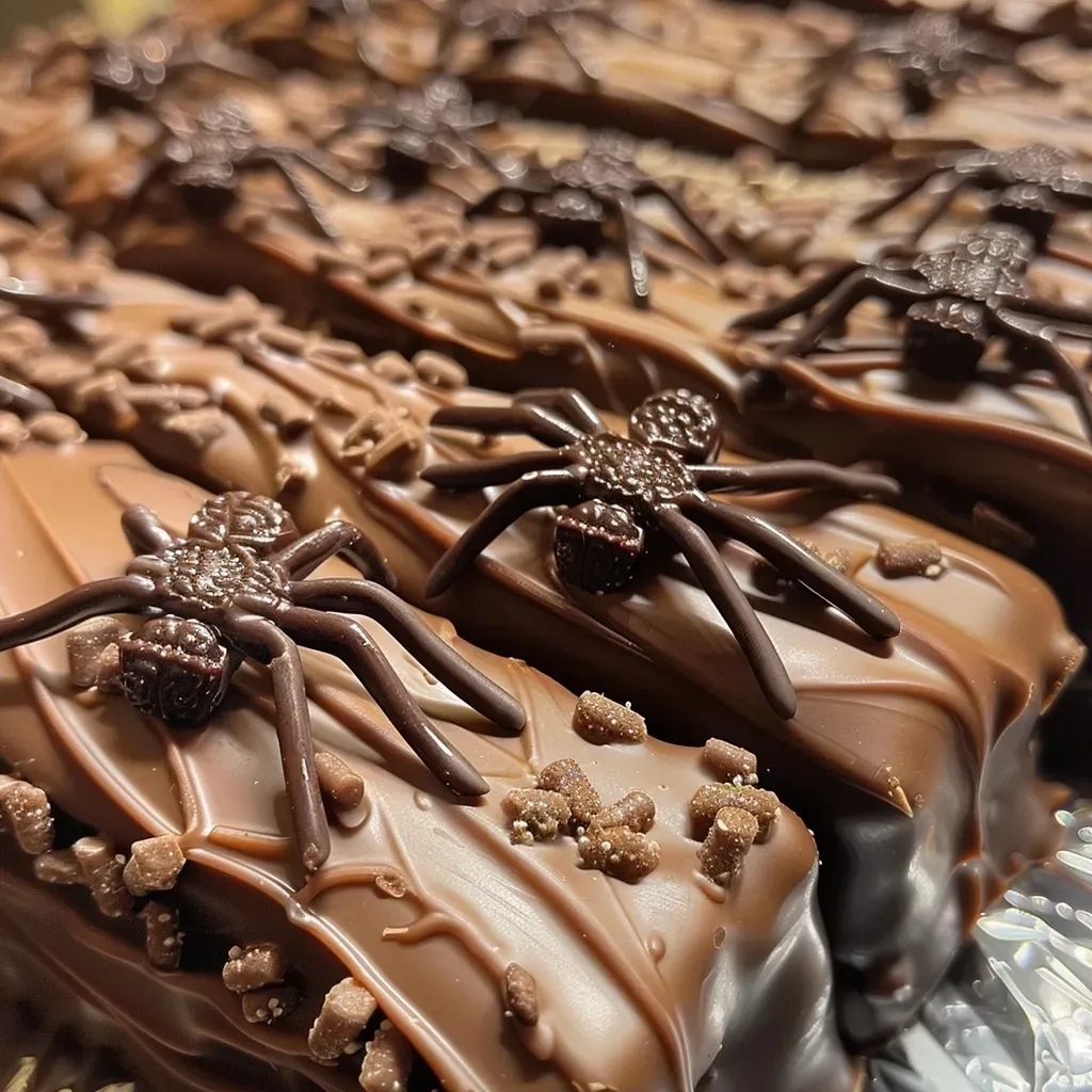 Primer plano de barras de chocolate en forma de telaraña.