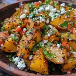 Batata asada con atún y queso feta en un plato.