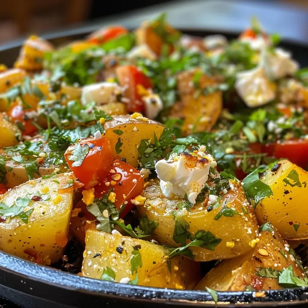 Primer plano de batata asada acompañada de atún y pimientos.