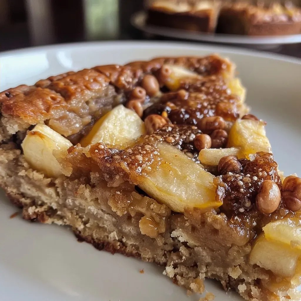 Vista lateral de un bizcocho de manzana y canela con cobertura de crumble.
