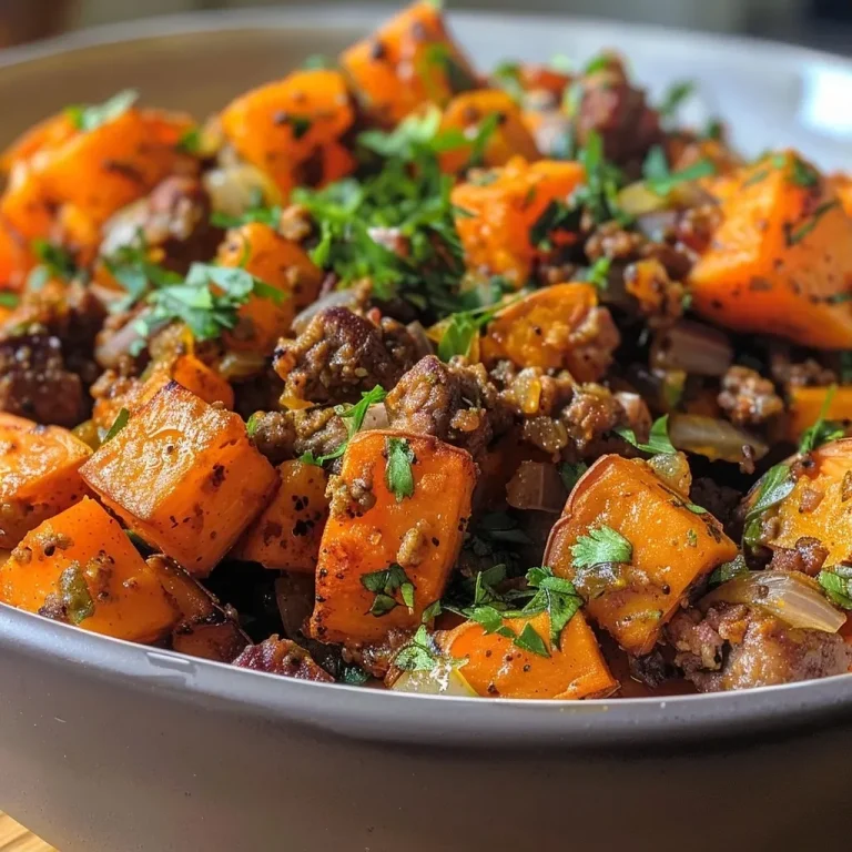 Tazón de batata y carne, con ingredientes frescos y coloridos.