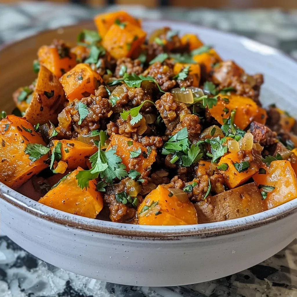 Primer plano de un bowl con carne molida y batatas asadas.