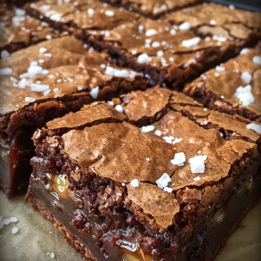 Vista lateral de brownies con cobertura de caramelo.