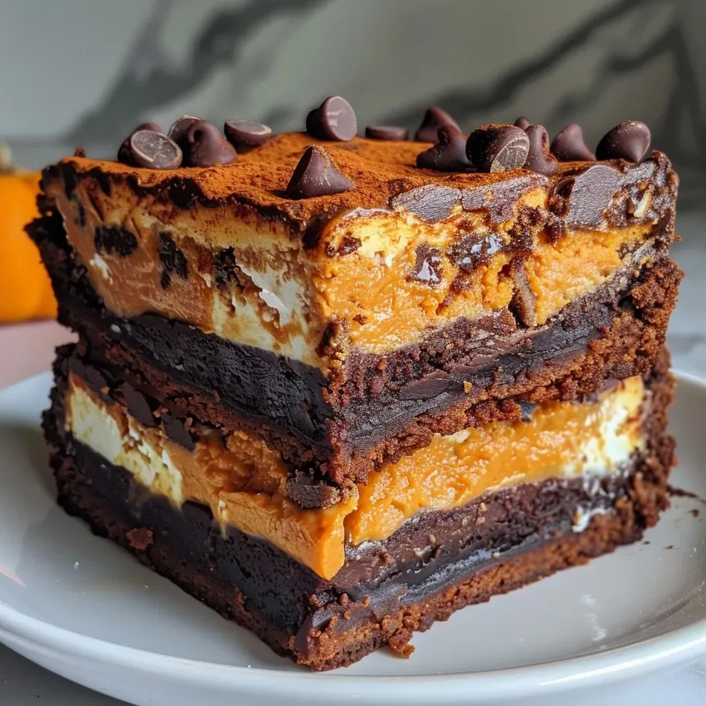 Deliciosos brownies de calabaza con crema en un plato.