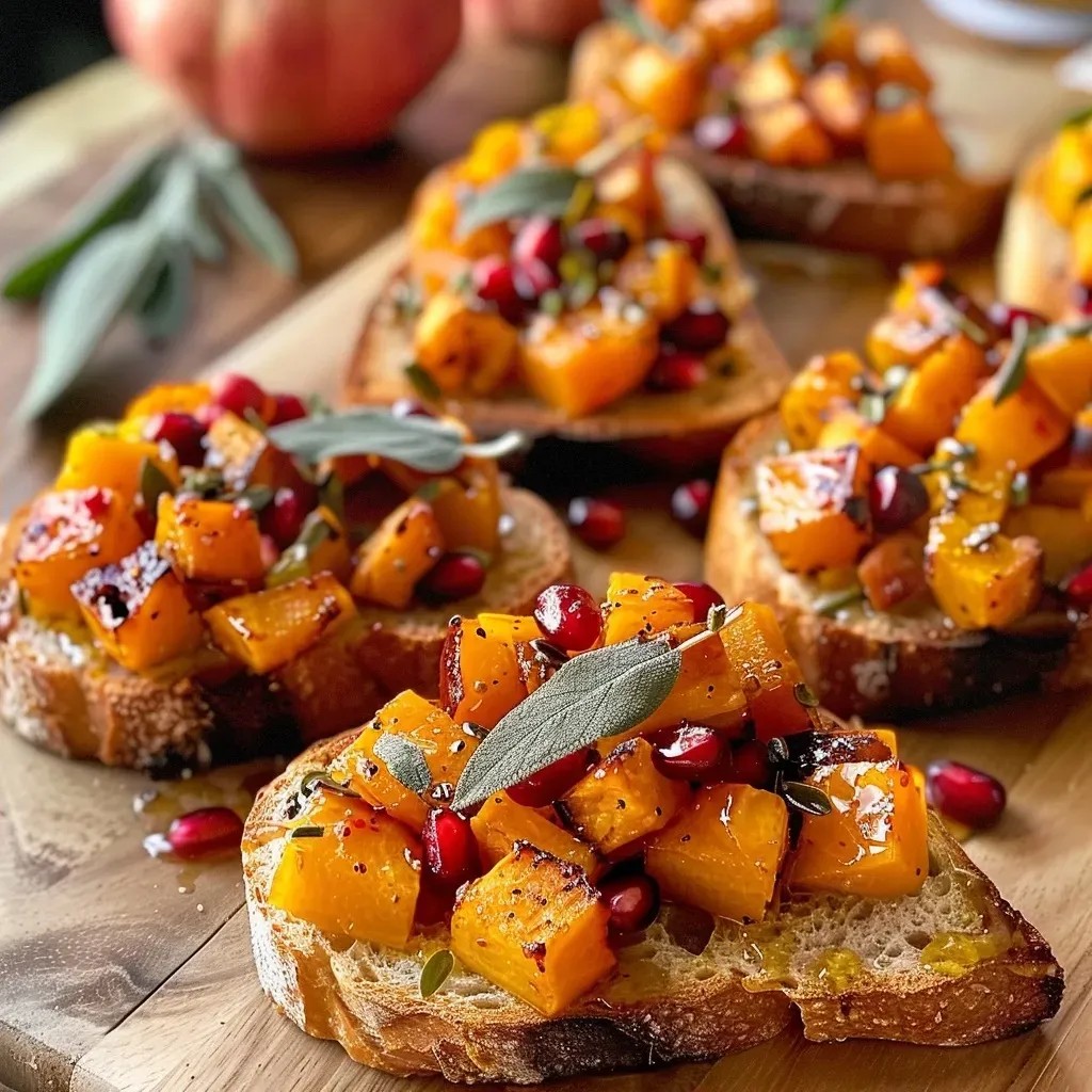 Detalle de bruschetta de calabaza con arándanos y granos de granada.