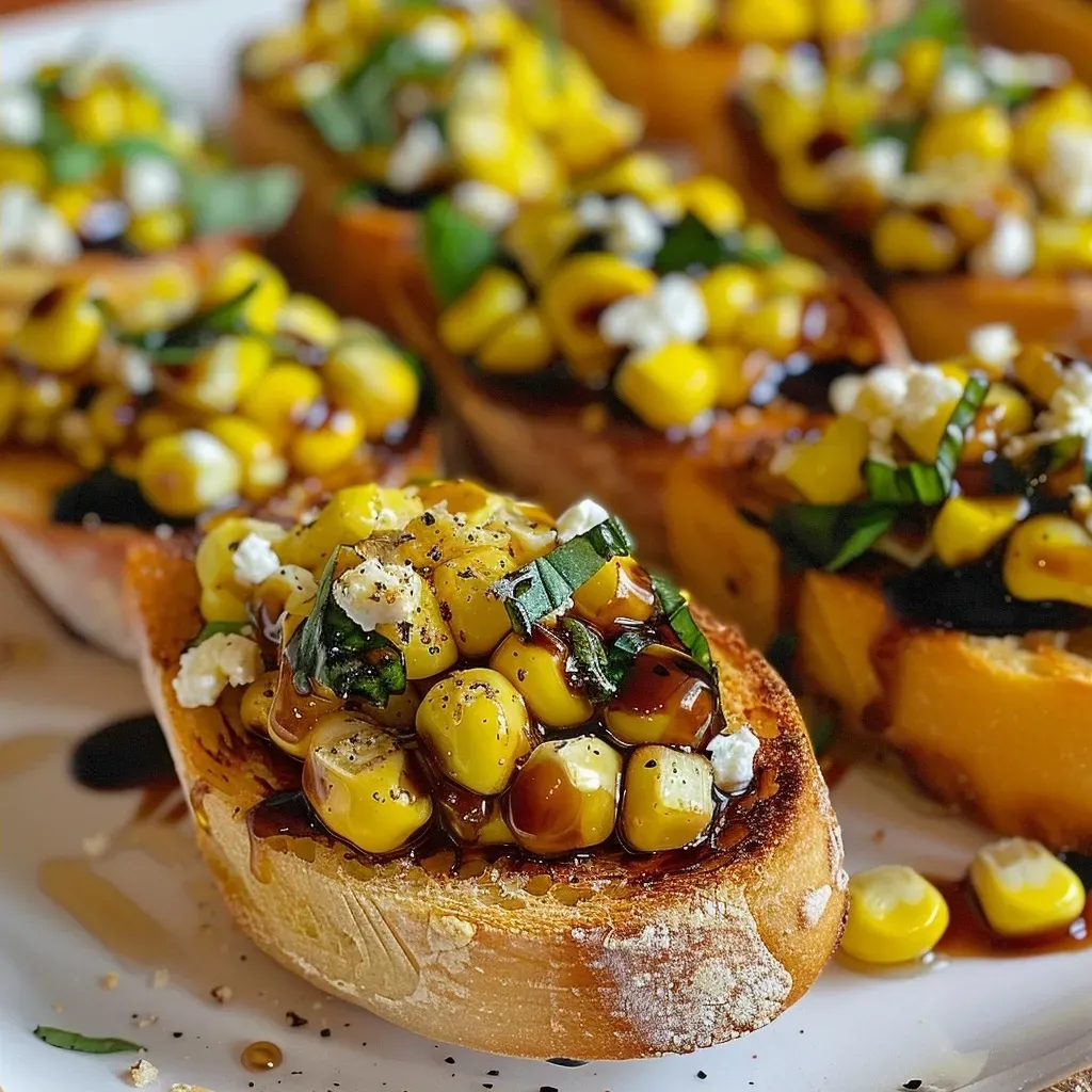 Primer plano de bruschetta de maíz dulce con queso de cabra.