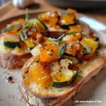 Bruschette con calabaza y caciocavallo en primer plano.