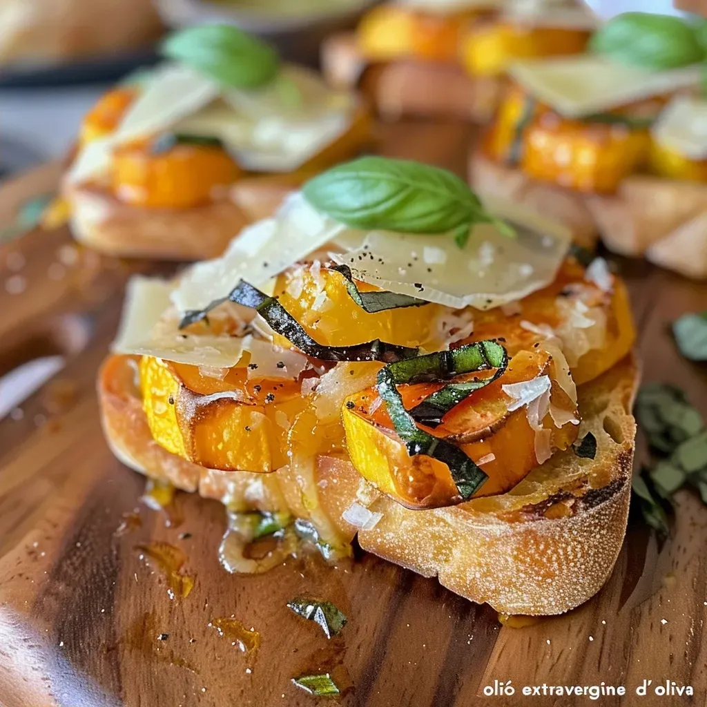 Deliciosas bruschette de calabaza y queso caciocavallo.
