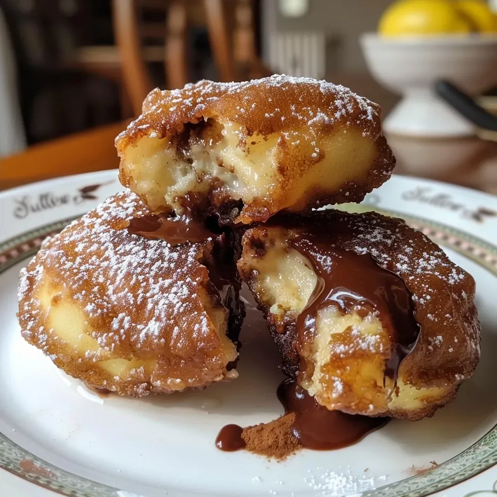 Close up de buñuelos rellenos de chocolate, crujientes por fuera.