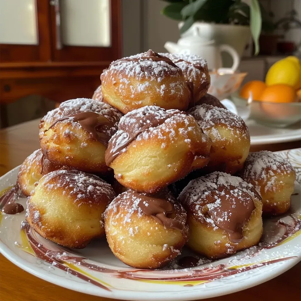 Detalle de buñuelos rellenos de Nutella con azúcar glas.