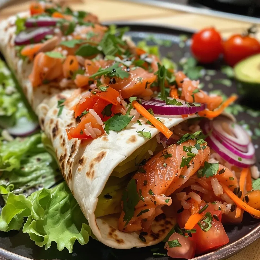 Primer plano de un burrito de salmón ahumado.