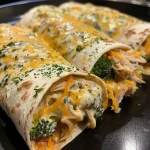 Burrito de pollo y brócoli a la parrilla en primer plano.