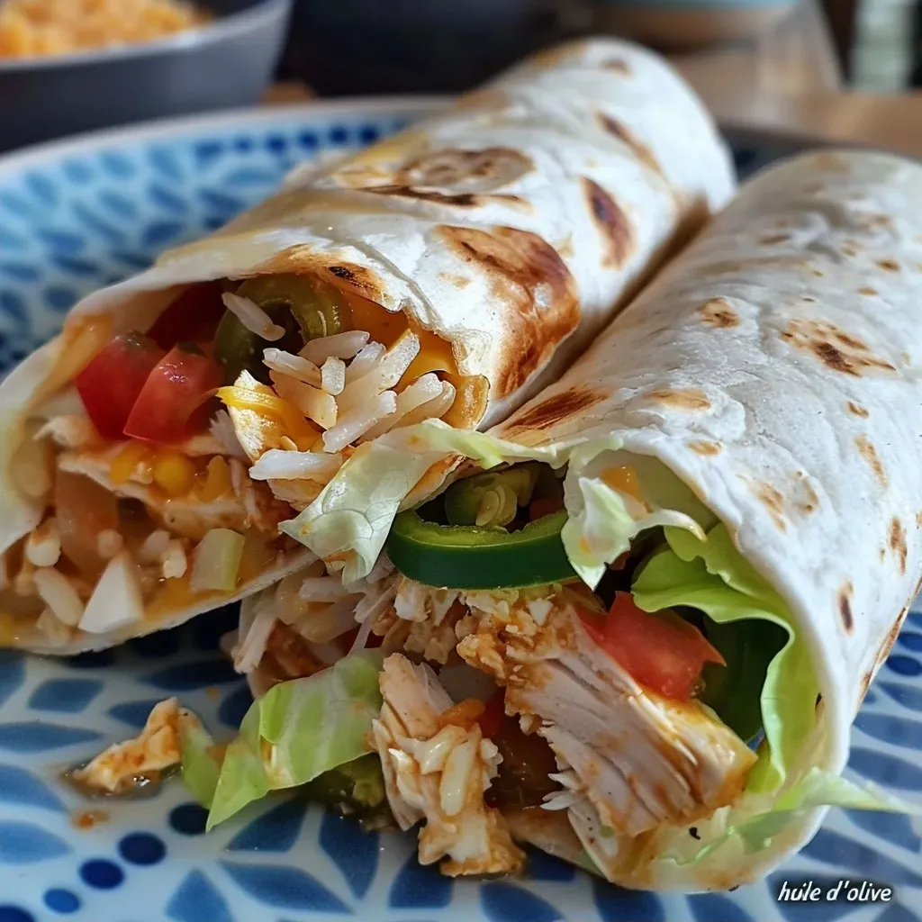 Vista lateral de burritos envueltos en hojas de arroz con pollo.
