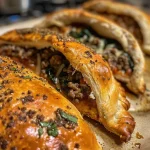 Calzones rellenos de carne y espinacas con ricotta, en primer plano.