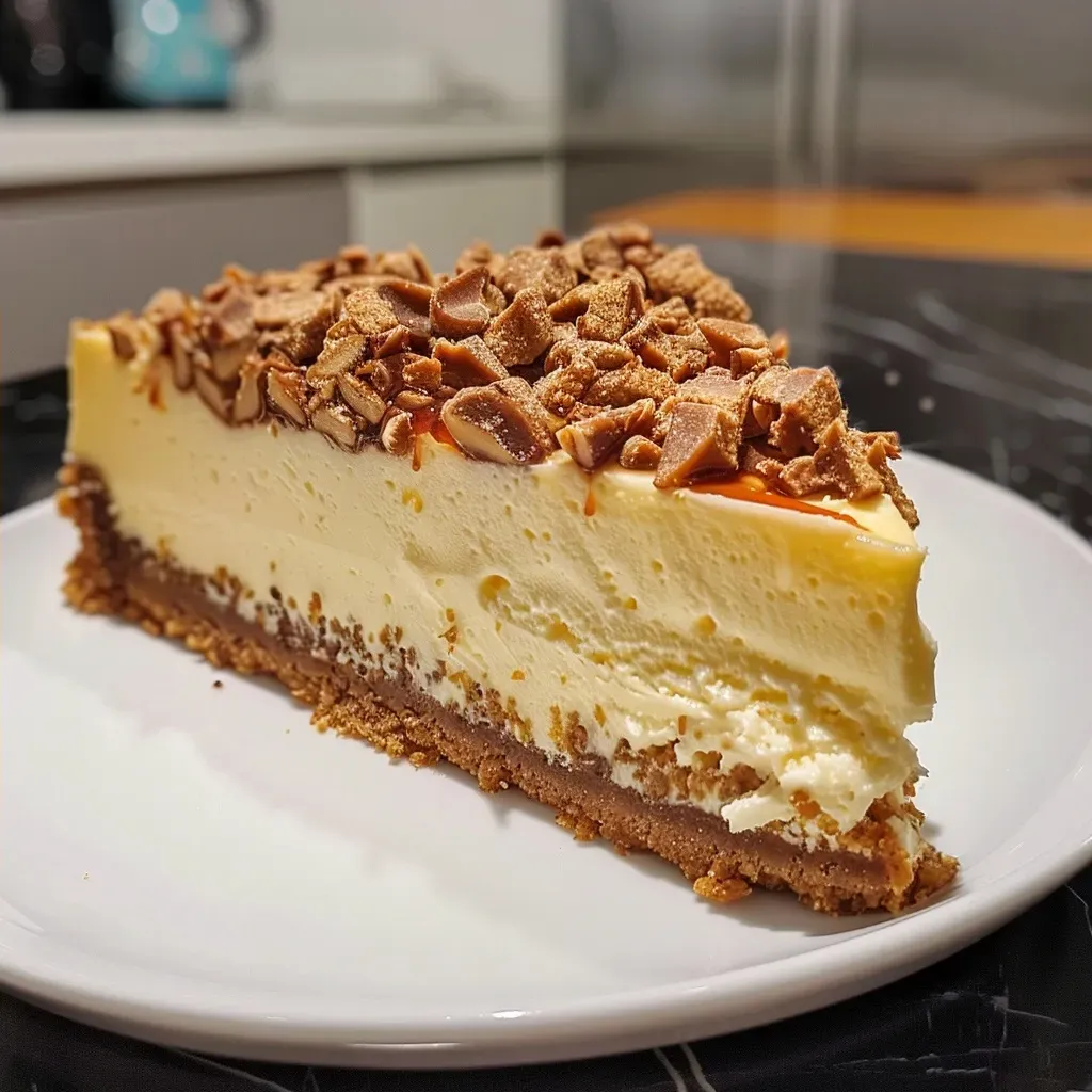 Vista lateral de un delicioso cheesecake decorado con castañas.