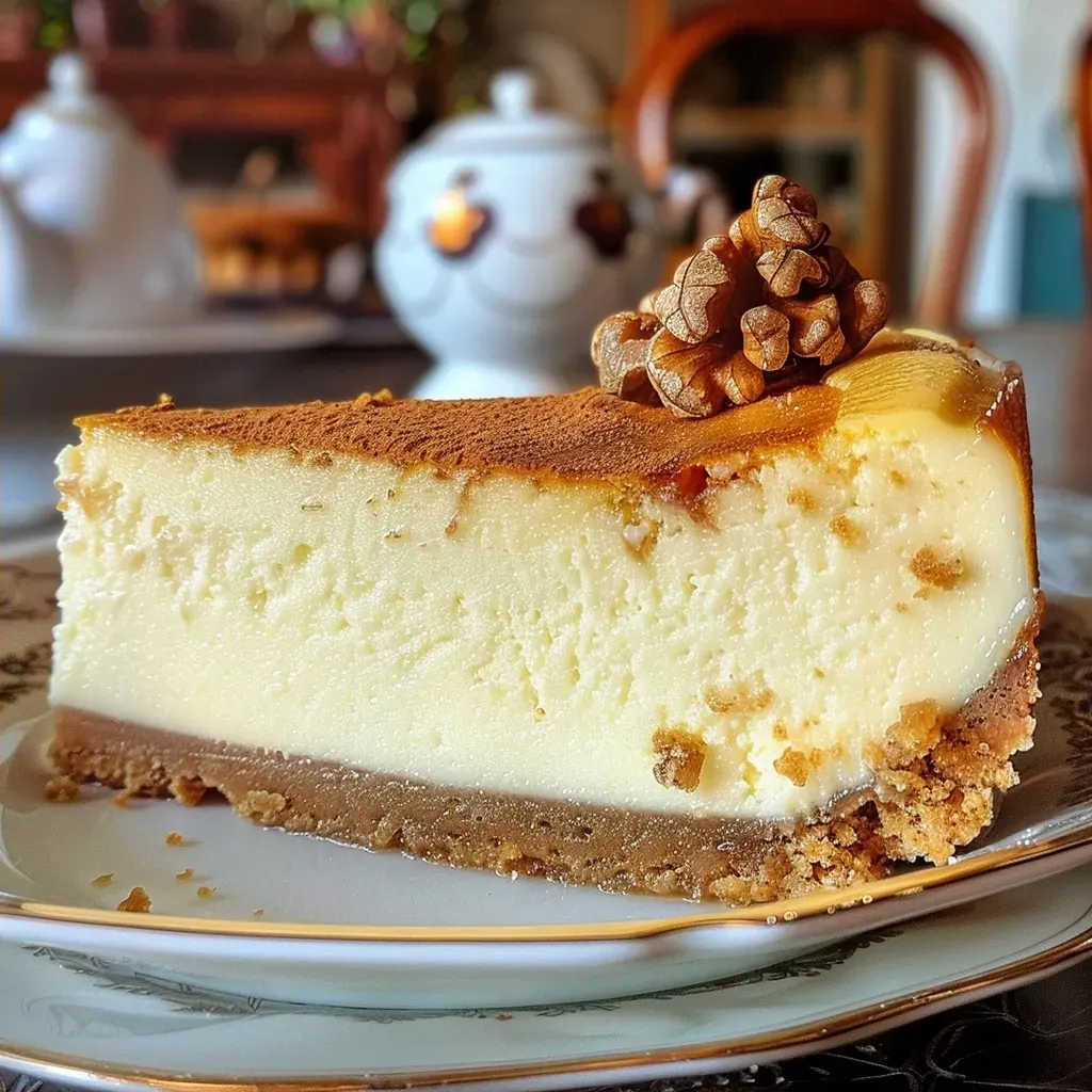 Close-up de cheesecake de nogada con toppings de nuez y granada.