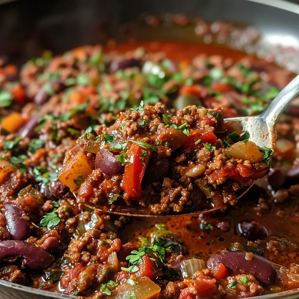 Primer plano de Chili Con Carne Infernal exhibiendo sus ingredientes.