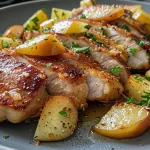 Chuletas de cerdo jugosas acompañadas de manzanas.