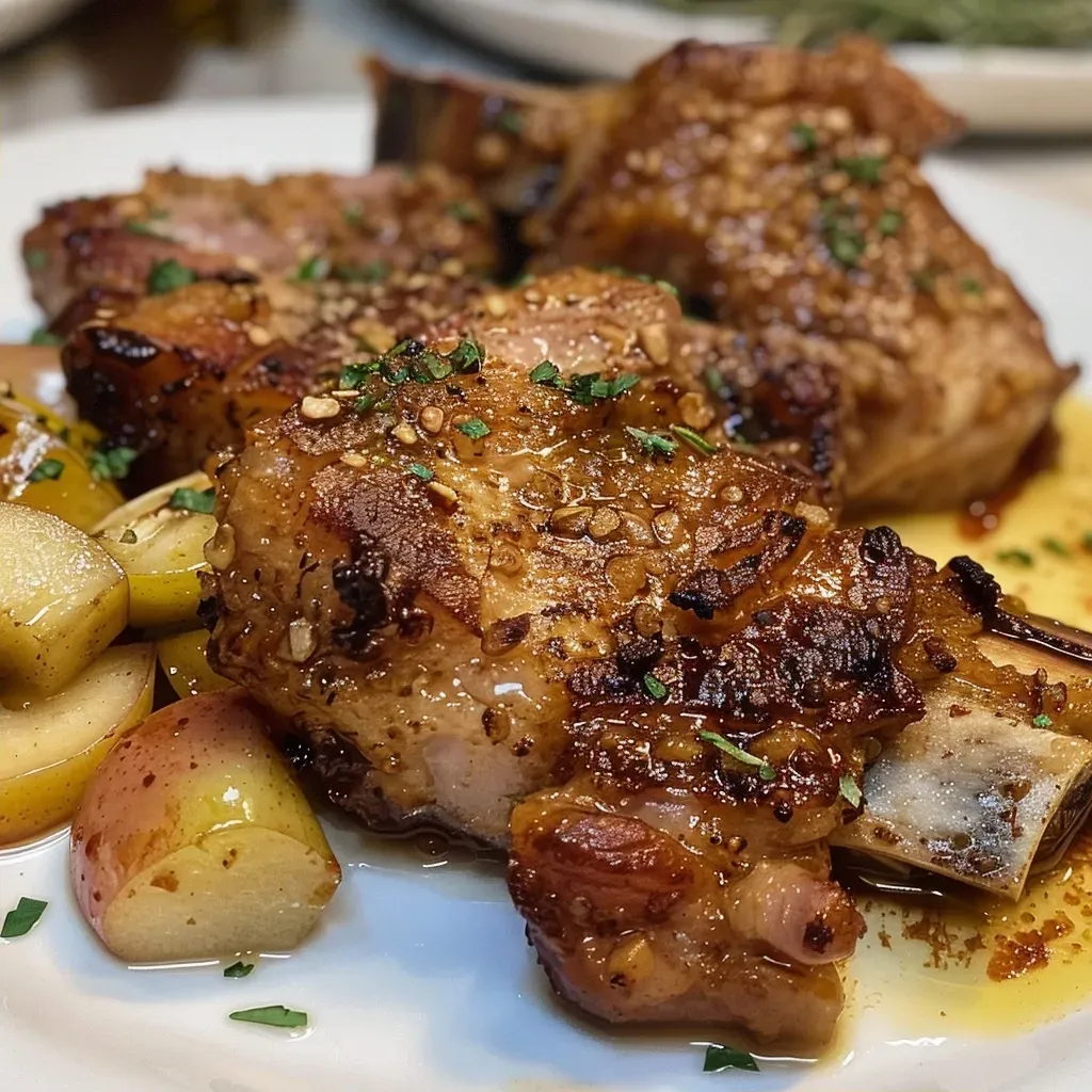 Primer plano de chuletas de cerdo con rodajas de manzana.