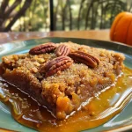 Primer plano de un Cobbler de calabaza y nueces pecanas, jugoso y delicioso.