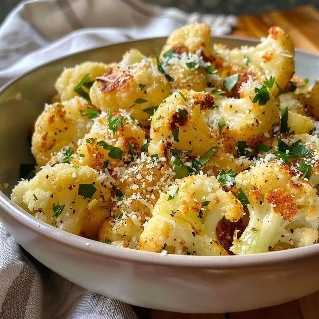 Primer plano de coliflor dorada con ajo y queso parmesano.