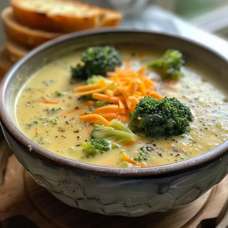 Delicias Cremosas de Brócoli y Cheddar: Un Abrazo en Cada Cucharada Tazón de crema de brócoli con queso cheddar.